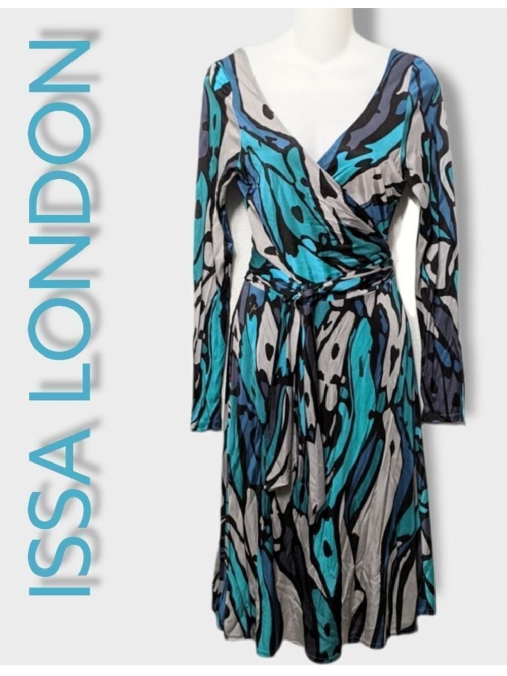 ISSA LONDON Opt Art Graphic Print Silk Jersey Wrap Dress 8